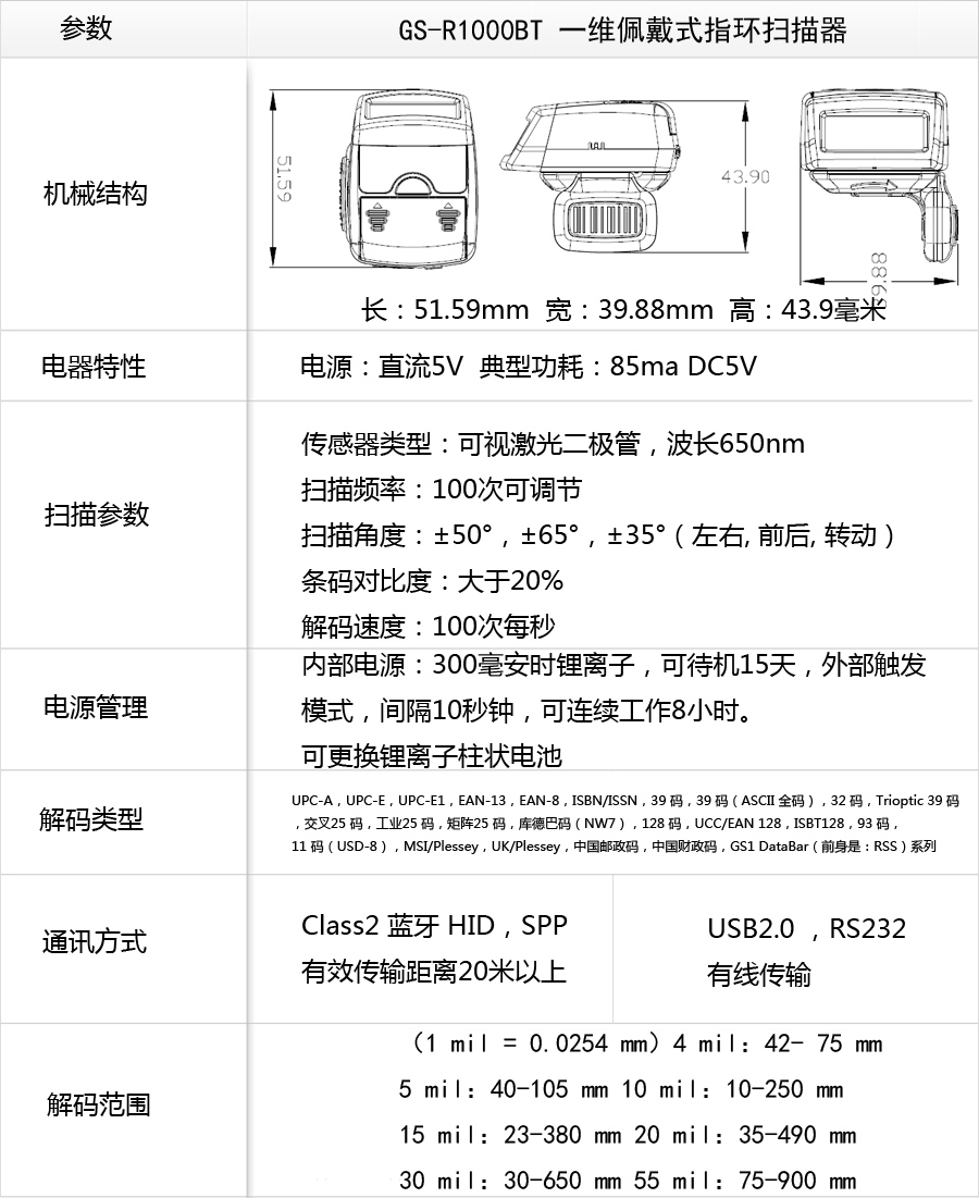 GS-R1000BT 一維佩戴式指環(huán)激光條碼掃描器